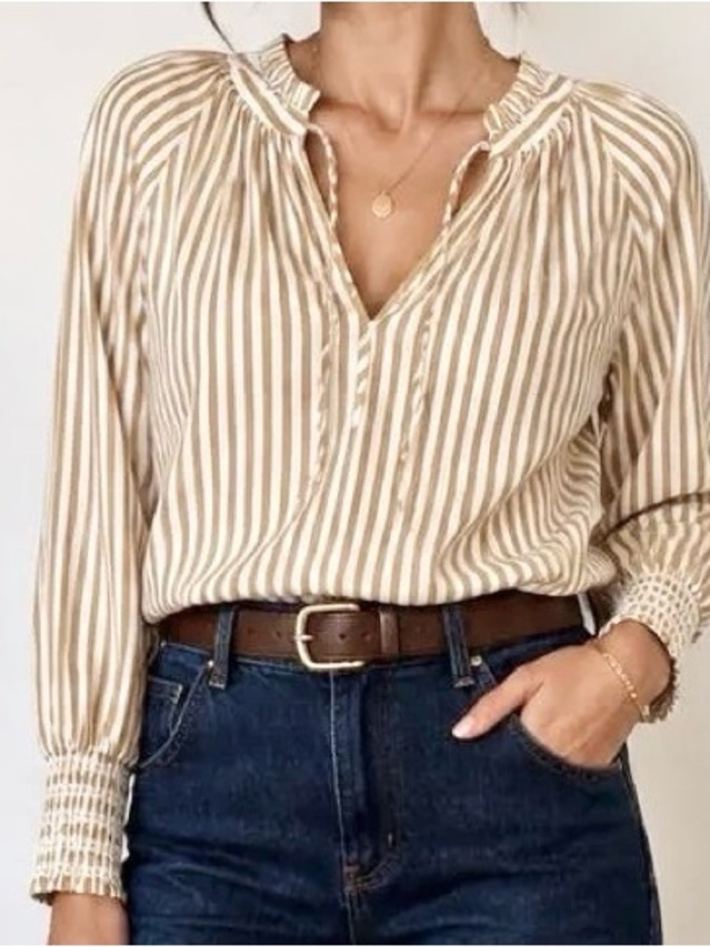 J. Crew Beige and White Striped Smocked Cuff Pop Over Cotton Blouse / M